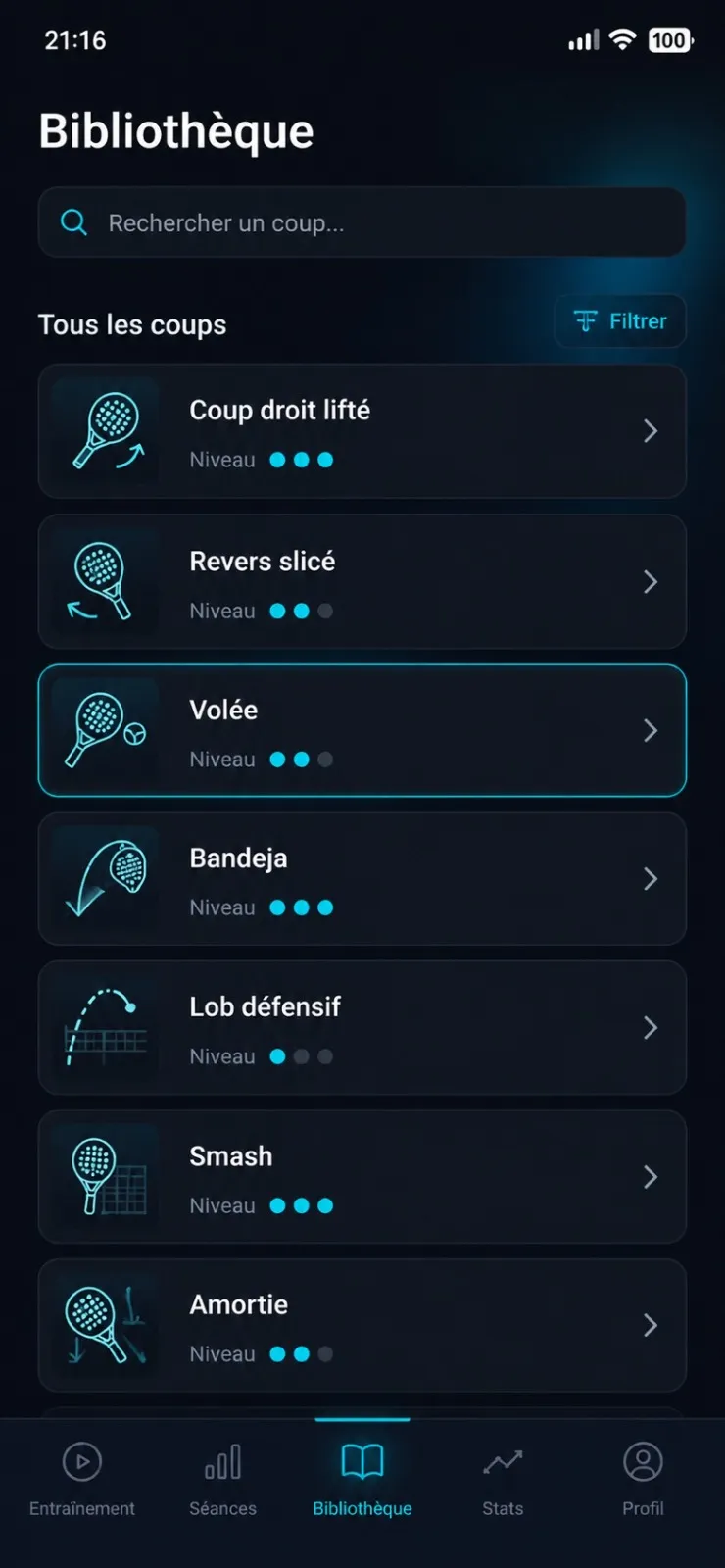 App KLAPEL — écran Bibliothèque : liste des coups réglés