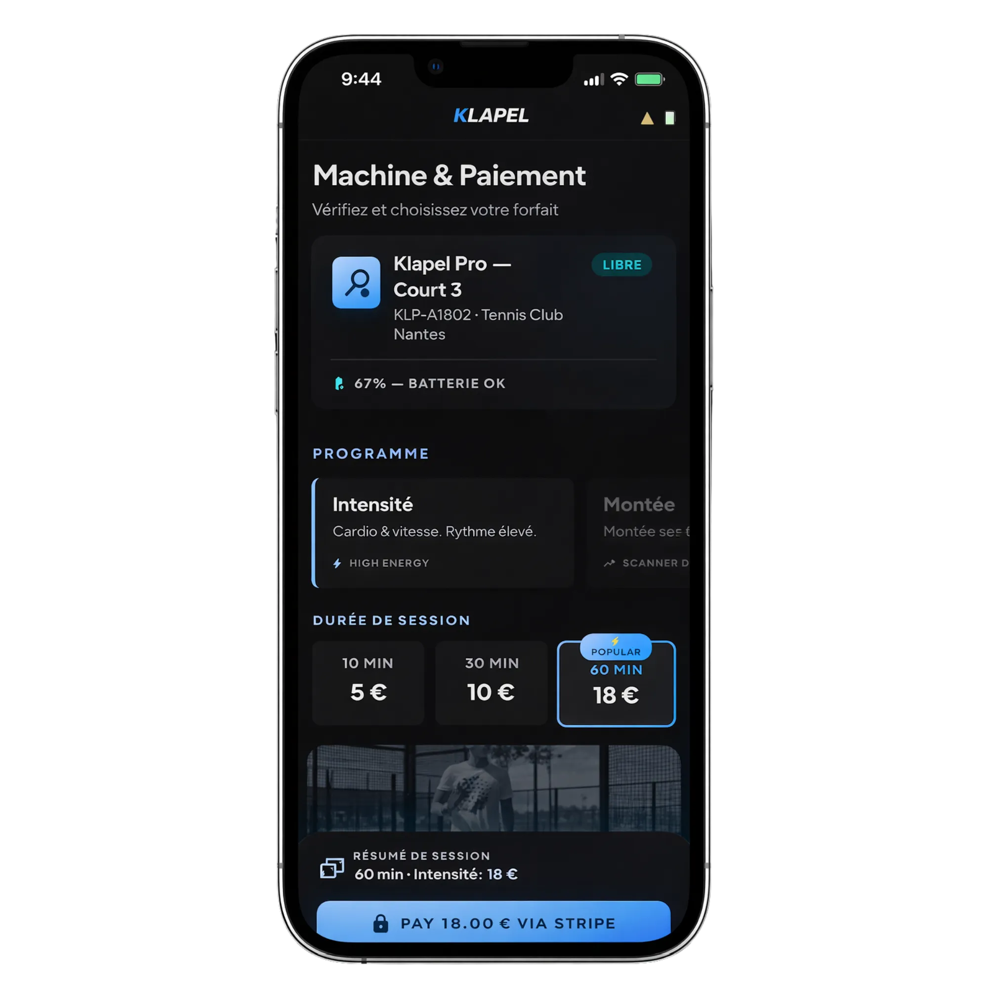 App KLAPEL — écran Machine & Paiement