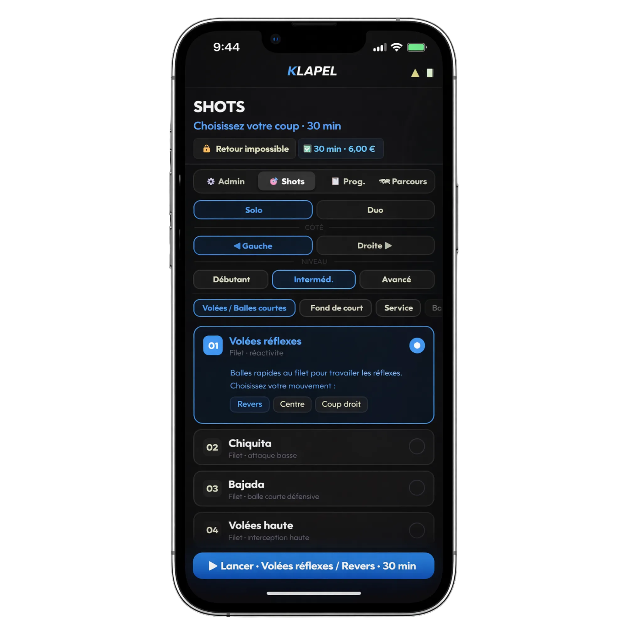 App KLAPEL — écran SHOTS