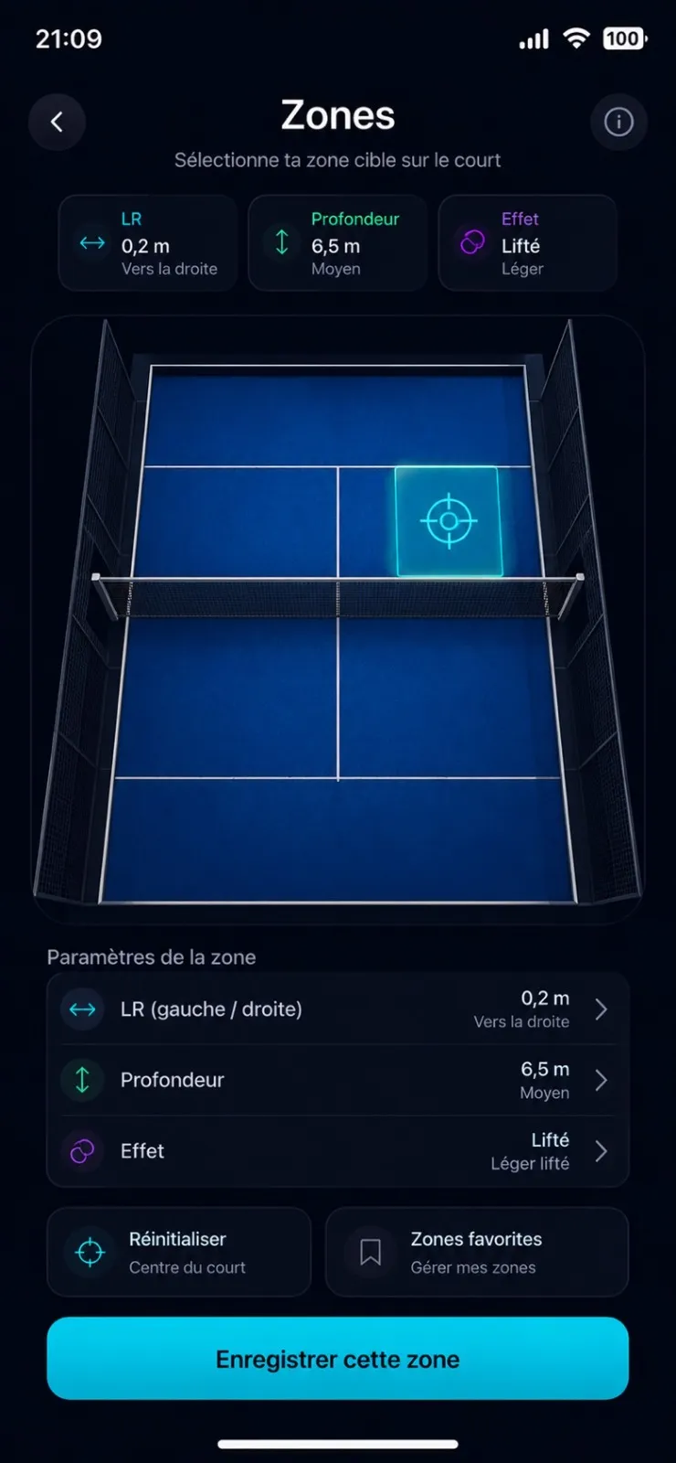 App KLAPEL — écran Zones : sélection de la zone cible sur le court